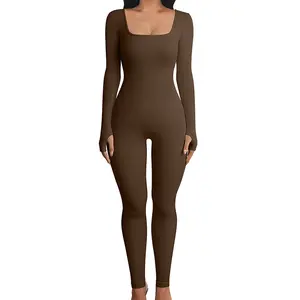 OYV Women Yoga Jumpsuits Workout Ribbed Long Sleeve Sport Jumpsuit