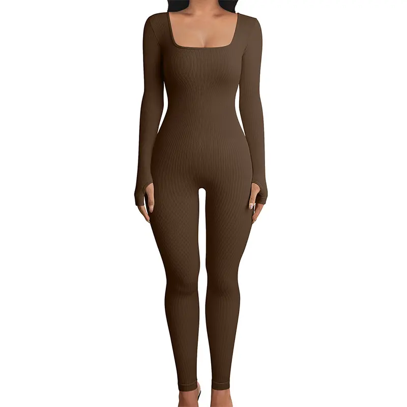 OYV Women's  Yoga Jumpsuits Workout Ribbed Long Sleeve Sport Jumpsuit