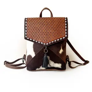Hand Tooled Leather and Cowhide Backpack - Rustic Boho Laptop Bag with Adjustable Straps
