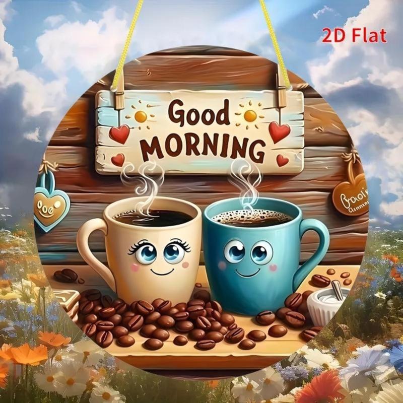 Coffee Cup Pattern Round Aluminum Hanging Plaque Wall Mount Design Cute Theme Wall Decor for Home Coffee Shop