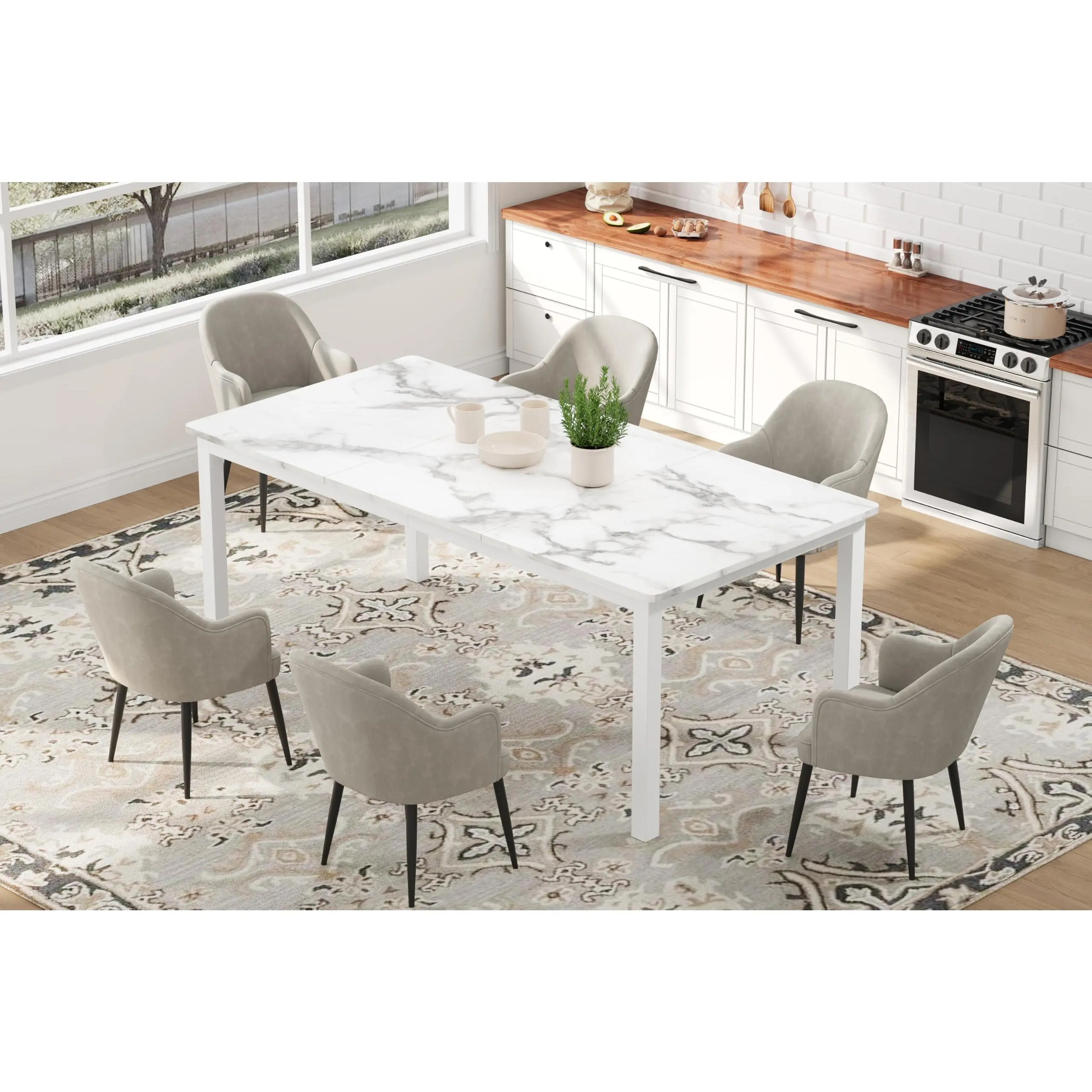 Garvee - Mesa de comedor industrial para 6 a 8 personas, mesa de cocina de 71/79 pulgadas de largo con marco de metal resistente y mostrador rectangular de esquina redonda para cena, fácil de instalar