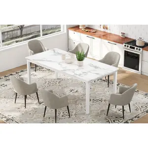 Garvee - Mesa de comedor industrial para 6 a 8 personas, mesa de cocina de 71/79 pulgadas de largo con marco de metal resistente y mostrador rectangular de esquina redonda para cena, fácil de instalar