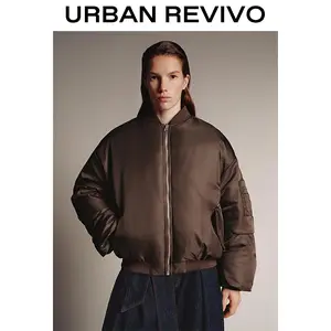 URBAN REVIVO Women's Long Sleeves Soft Breathable Down Bomber Jacket - Bubble Hem, Comfortable Fabric, Casual Everyday Style Outerwear, UWJ150050, Longsleeves