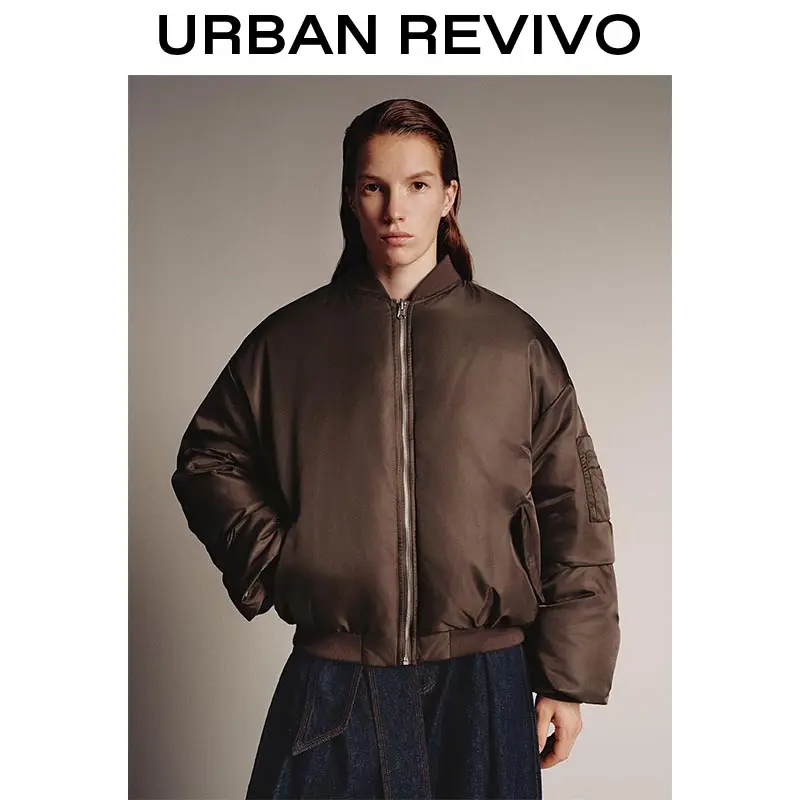 URBAN REVIVO Women's Elegant Quilted Down Puffer Jacket, Bomber Style with Bubble Hem, Soft Breathable Casual Outerwear