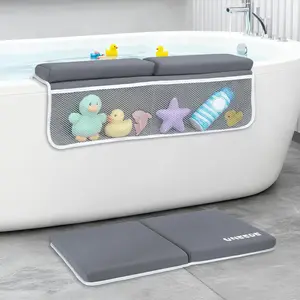 Baby Bath Kneeler and Elbow Rest Pad Set, 1.5" Thick Bath Kneeling Pad with Elbow, Mat with Toy Organizer for Bathing Infant or Toddler, Grey