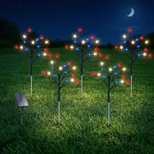 Set of 5, July 4th Outdoor Decorative Solar Stake Lights, Patriotic Red, White, and Blue Star-Spangled Solar Lights, Waterproof Outdoor Fourth of July Lights, Perfect for the Fourth of July, Memorial Day, Gardens, Pathways, Yards, Sidewalks, and Parties S