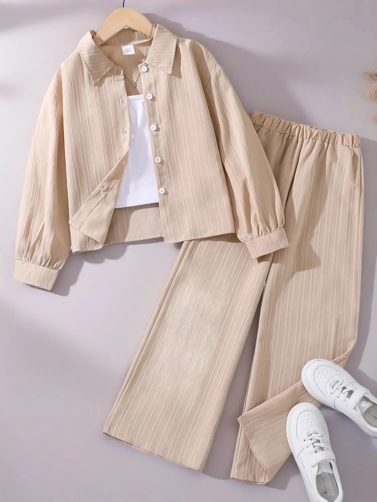 Girls' Casual Button Front Cardigan & Elastic Waist Pants Set, Long Sleeve Woven Fabric, Fine Girls Outfit, Perfect for Spring & Fall Outdoors, Casual Outfit Set, Fashion Clothes Set, Matching Outfits Set, Match Style Set