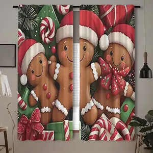 2pc Gingerbread Man Christmas Curtains, Light Filtering Drapes for Living Room Bedroom Study Hotel Home Decor, 100% Polyester Gift