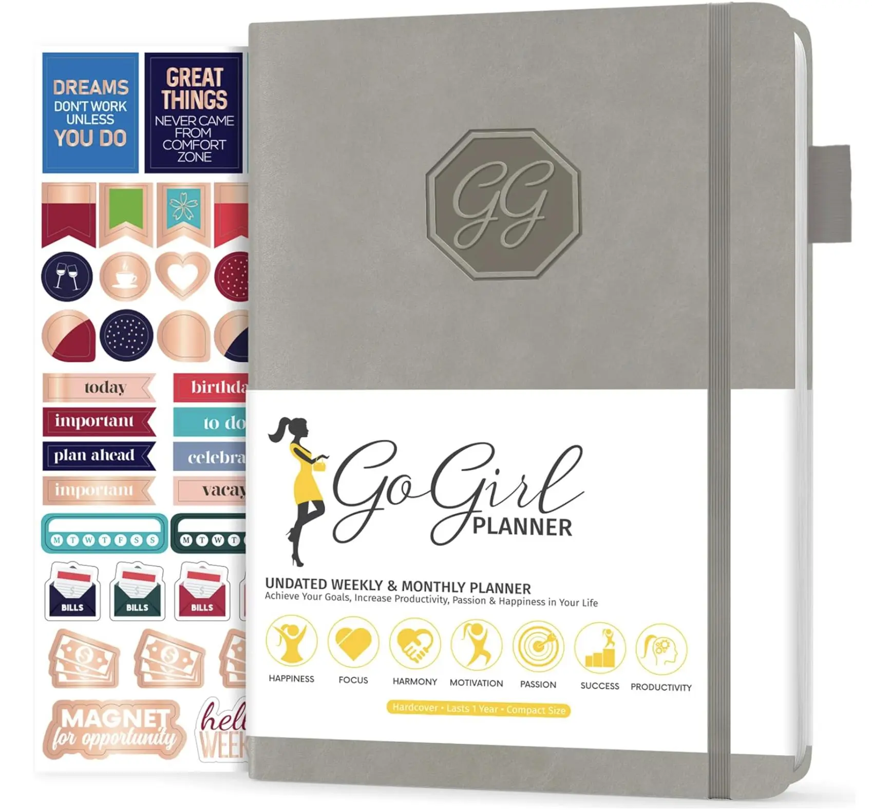 GoGirl Planner and Organizer for Women – Compact Size Weekly Planner, Goals Journal & Agenda to Improve Time Management, Productivity & Live Happier. Undated – Start Anytime, Lasts 1 Year – Gray
