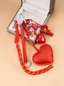 Hand-Woven Heart Bag Charm Faux Leather Large Heart + Beaded Key Design Red And White Contrast-Color Braided Cord Energetic Girl Style Sweet And Edgy Style Red Tones Complex Design For Bags, Keys, And Earphone Cases