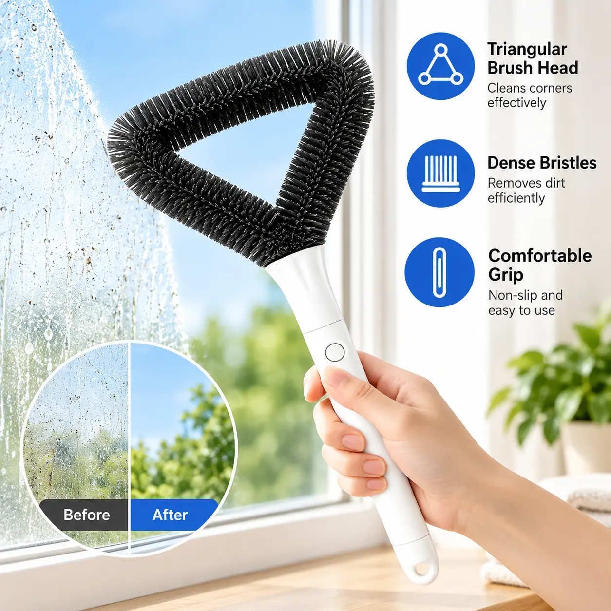 1 Count, Triangular Window Screen Cleaning Brush, Dense Soft Bristles Double-sided Design, Detachable Brush Head Non-slip Handle for Household Window Mesh Dust Cleaning