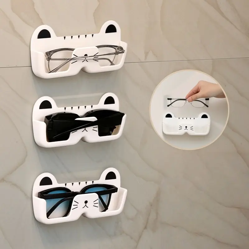 Minimalist Cat-Shaped Glasses Organizer, Plastic No-Drill Wall Mount Holder, Waterproof Sunglasses Rack for Bedroom or Bathroom Decor, Water Proof, Organiser, Black-And-White, Durable, Double Slot