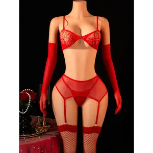 5pcs Women's Elegant Red Lingerie Set - Includes Bra, Thong, Garter Belt, Stockings, and Arm Sleeves - Perfect for Adult Fashion, Christmas Women's Sexy Lingerie, Adult Fashion Accessories | Elegant Lingerie Set | Delicate Lace Design, Bedroom
