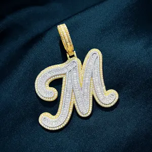 Initials Baguette Cursive Letter Pendant Necklace For Men Women Iced Out Hip Hop Chain Fashion Rock Jewelry Gift A-Z