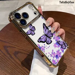 Electroplated Four Corner Anti-Fall Beautiful purple butterfly Pattern Phone Case for iPhone 17 Air 16 Pro Max 15 Plus 14 13 12 11 E Shockproof Transparent Protective Cover