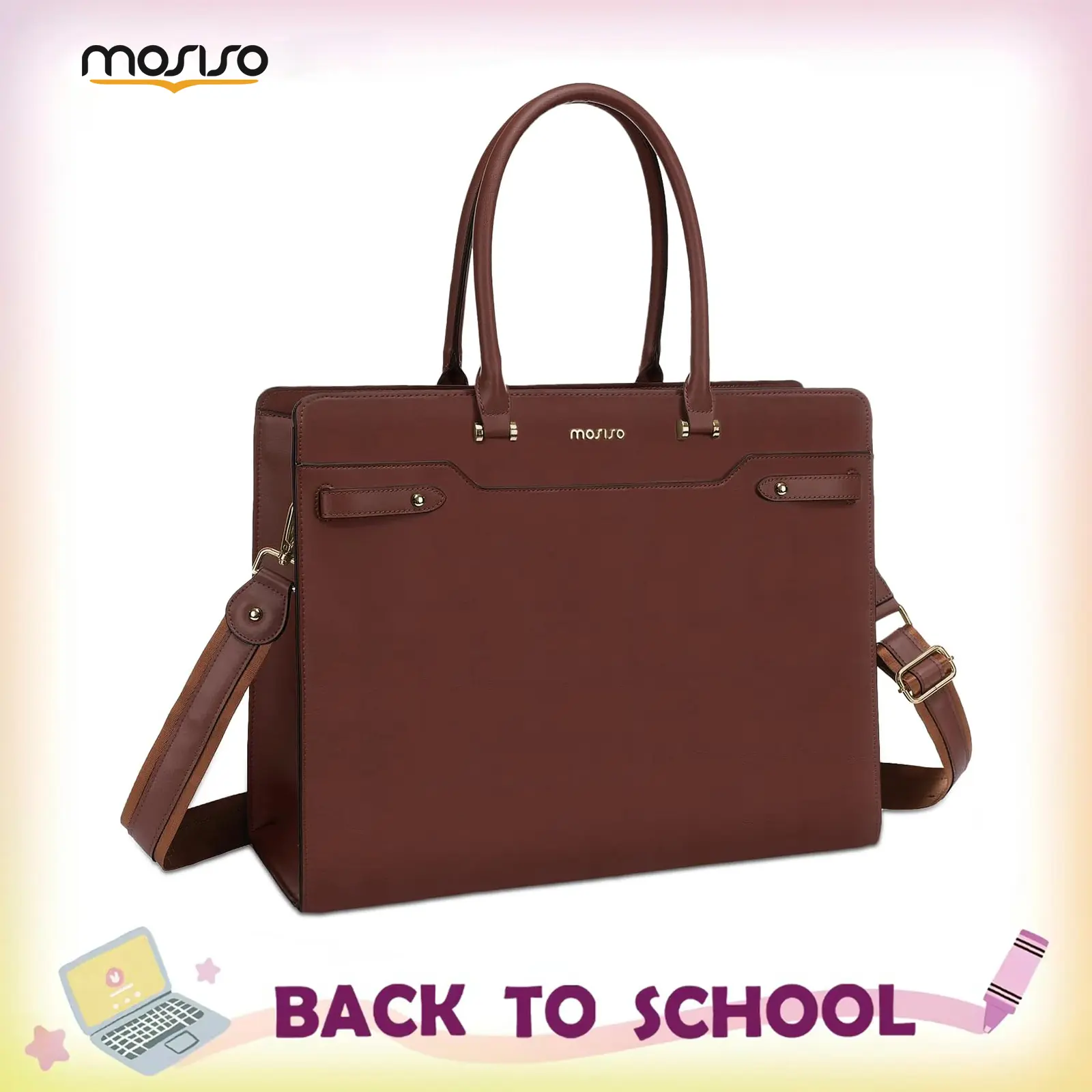MOSISO Women's Elegant PU Leather Tote Messenger Bag - Adjustable Strap, Padded Foam, Multi-Compartment, Zip Closure, Fits 15.6 in Laptop, Hand Wash Only, for Business/Daily Shopping