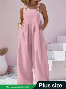 【Plus Size】 Solid Color Basic Fitted Knit Overalls Jumpsuit, Casual Comfy Wide Leg Suspender Jumpsuit for Daily Wear, Women's Plus Clothing for All Seasons