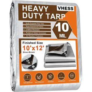 Heavy Duty Waterproof 10' X 12' 10 Mil Multipurpose Poly Tarp Cover UV Resistant Tear & Fade Resistant Outdoor Tarpaulin for Roof Camping Patio Pool Boat Car