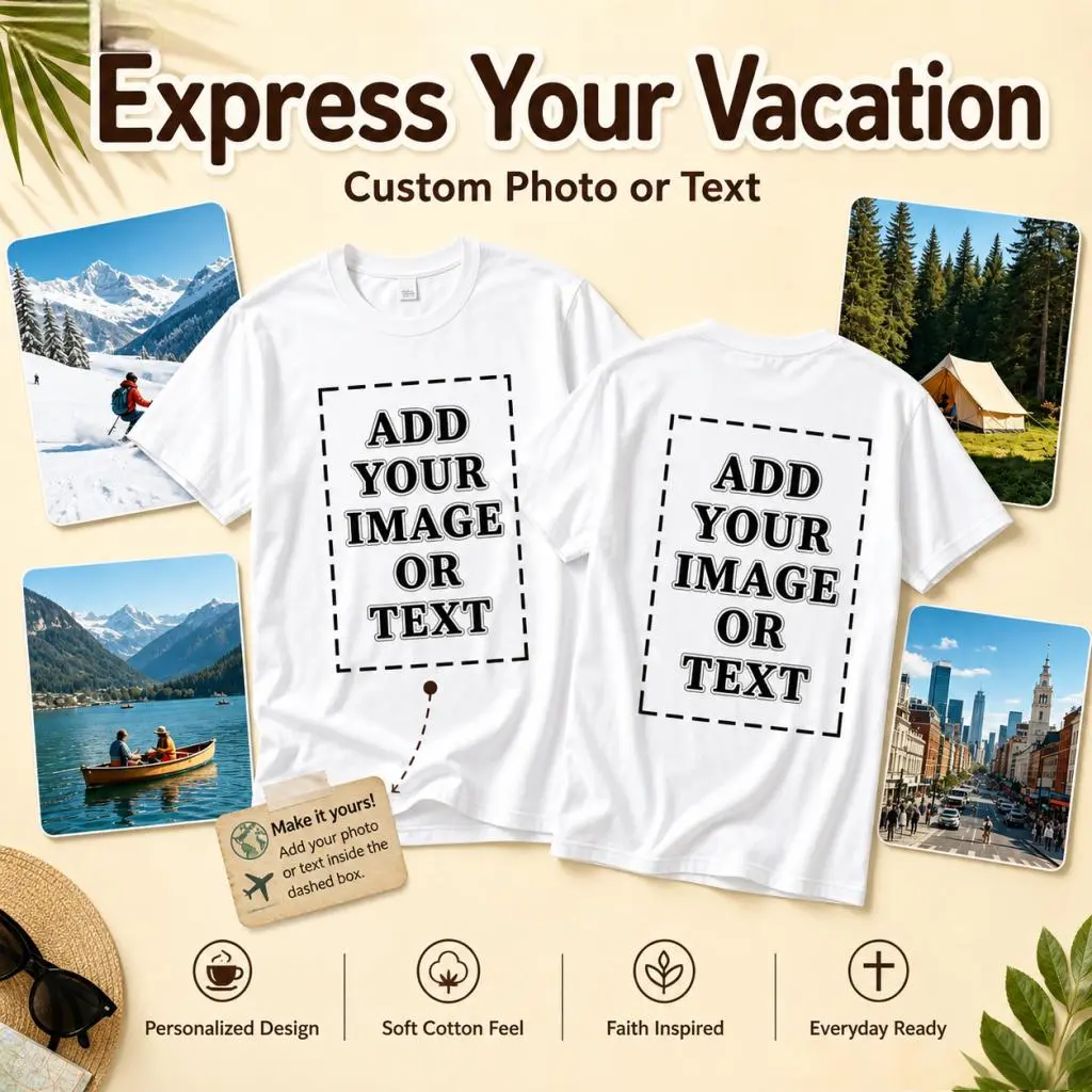 Custom Vacation Front Back Print T-Shirt, Personalized Beach Trip Tee, Custom Text Image Summer Holiday Shirt, Custom Family Matching Vacation Tee, Soft Cotton Custom Travel Souvenir Tshirt, Funny Custom Beach Trip Gift For Men Women Unisex Casual Summer