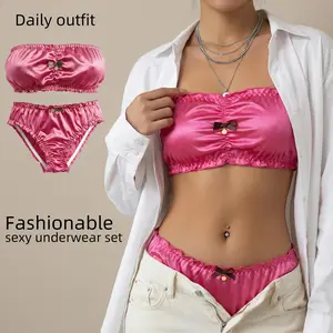 women's Sexy Solid Color Satin Strapless Bra and Panty lingerie Set with Ruffled Trim and Bow Detail for Bridal Wear and Valentine's Day Gift minimizer morelect Bowknot, adaptive apparel
