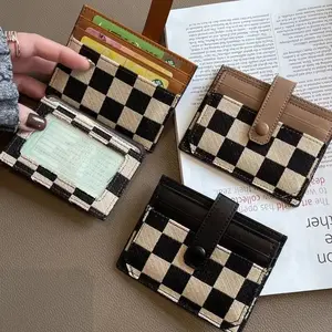 Multi-compartment Card & ID Holder, Casual Checkered Coin Purse, Durable Leather Trim Pouch for Home & Daily Use