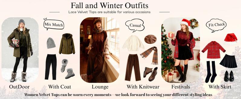 Yeokou Women's Long Sleeve Velvet Trim Lace Blouse Elegant Flared Swing Top Round Neck Casual Wear for Parties Weddings Dinners Office Dates Yeokou Women's Long Sleeve Velvet Trim Lace Blouse Elegant Flared Swing Top Round Neck Casual Wear for Parties Weddings Dinners Office Dates