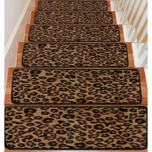 Stair Treads Carpet Set of 13 Seamless Leopard Wild Animal Skin Print Animal Non-Self-Adhesive Safety Rug Stair Mats Step Runner Indoor Wooden Steps for Kids Dogs 30"x8"