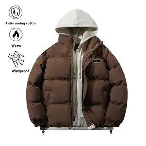 Hooded Casual Winter Men's Jacket Fake Two-Piece Design Detachable Hat Warm Contrast Color Cotton-Padded Coat Couple Style Windproof Top Coat Anti-running Cotton Warm Menswear Long Sleeve