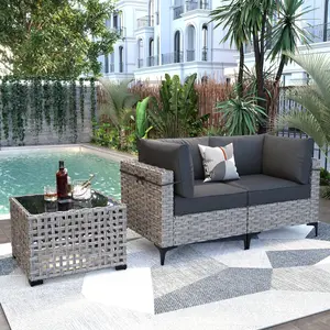 OVIOS 3-Piece Outdoor Patio Furniture Set, Wicker Sectional Sofa with Cushions, All-Weather Conversation Set for Backyard Patio Porch Deck Garden Balcony Outdoor Seating Furniture Set Lounge