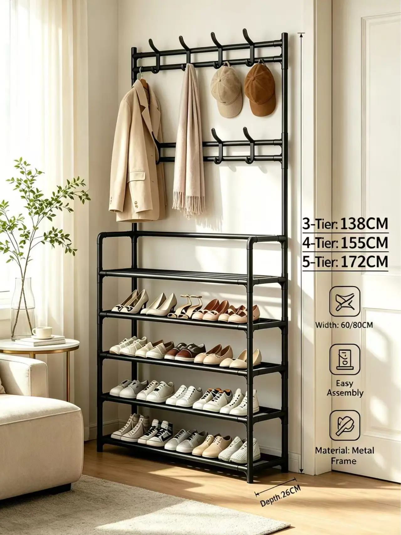 Multifunctional Standing Shoe Rack with Integrated Coat Hanger, Coat Racks Organiser for Entryway Shoe Organization