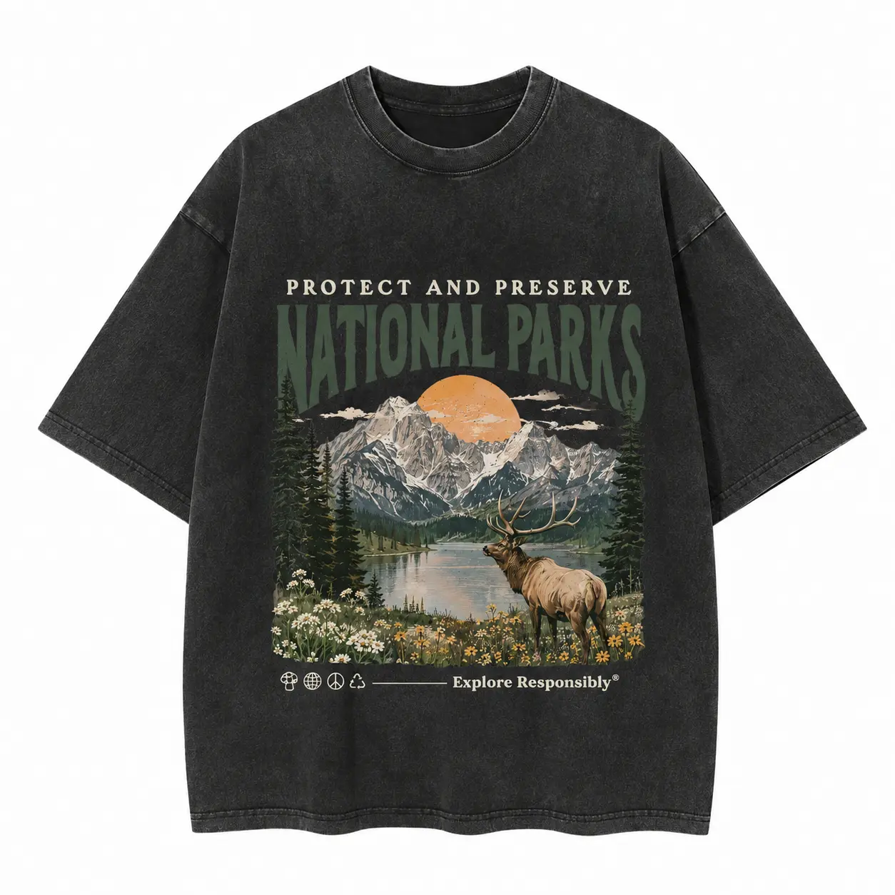 Unisex National Parks Elk Mountain Lake Graphic T Shirt, 100% Cotton Oversized Vintage Washed Drop Shoulder, Wildlife Hiking Camping Outdoor Nature Adventure Streetwear for Men and Women