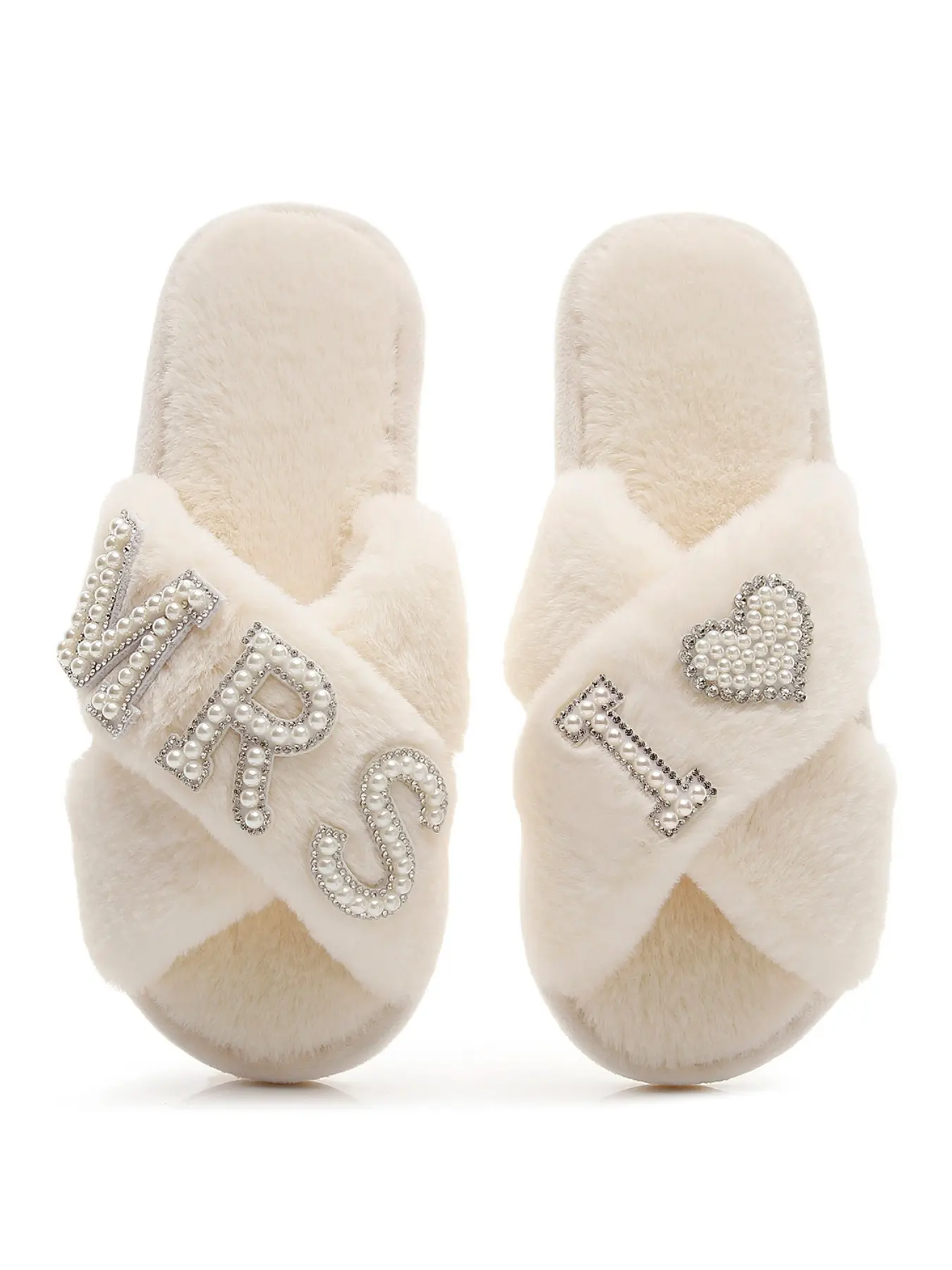 Customizable Wedding Slippers for Bride and Bridesmaids, Elegant X-Strap Fuzzy House Slippers with Pearls and Rhinestones, Casual Indoor Shoes