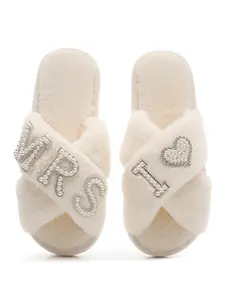 Customizable Wedding Slippers for Bride and Bridesmaids, X-Strap Fuzzy Slippers with Pearls and Rhinestones, Casual Indoor Shoes