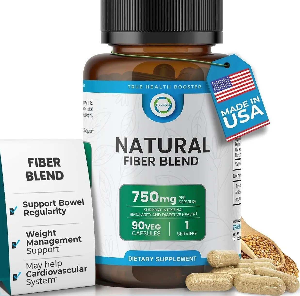 3-in-1 Fiber Supplement – 750mg Organic Blend with Psyllium Husk, Chia & Flax Seed – Plant-Based Fiber Capsules for Digestive Health & Cardiovascular Wellness – Made in USA – 90 Count