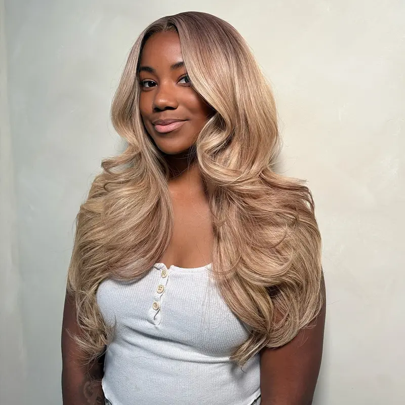 Body Wave Ombre Brown Roots Ash Blonde Wigs Human Hair 13x6 HD Pre-Cut Lace Frontal Wigs For Girls Blonde Colored Drawstring Wig Pre Plucked With Baby Hair Natural Hairline Can Be Restyled Glueless Lace Wig