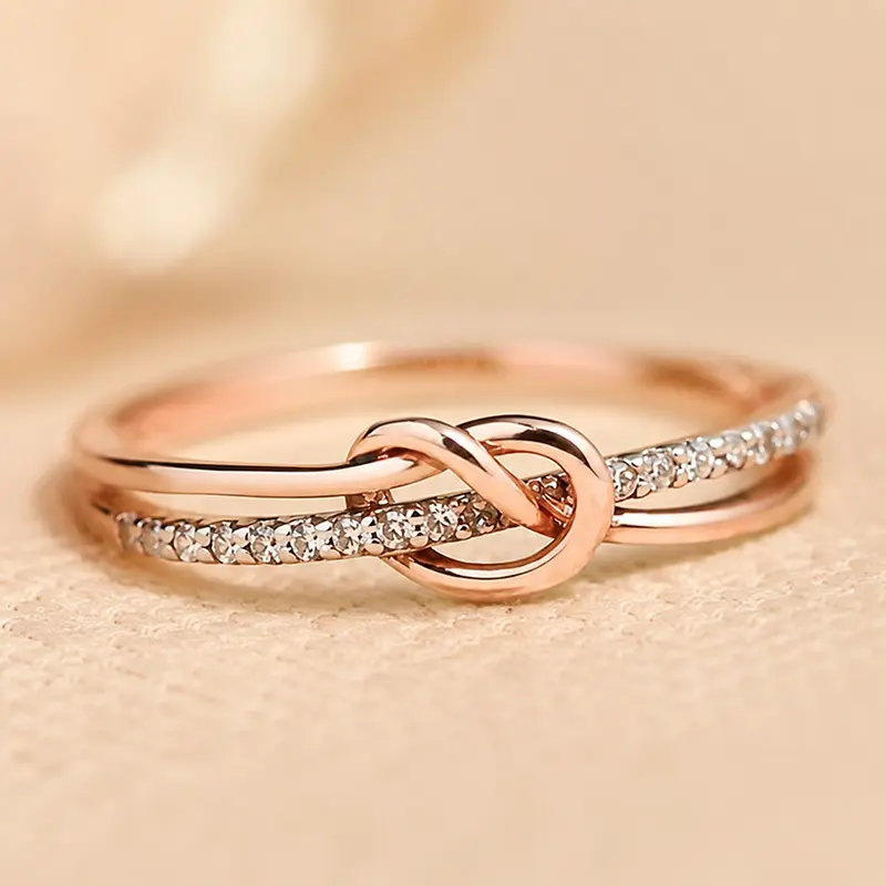 Rose Gold Knot Ring for Women – Delicate Pavé Interlocking Love Knot Ring, Elegant Gift for Mom, Daughter or Girlfriend