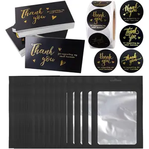 620 count Thank You Business Cards Stickers Set  Foil Include 100 Thank You Business Card 500 Thank You for Supporting My Small Business Stickers 20 Resealable Packaging Bags Owners (Black)
