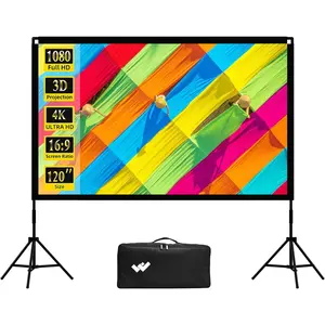 Projector Screen with Stand,  120 inch Portable and Foldable Indoor Outdoor Projection Screen 16:9 4K  Rear Front Wrinkle-Free Movie Screen with Carry Bag for  Theater Backyard Cinema