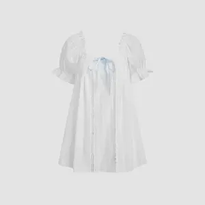 Cider 100% Cotton U-neckline Bowknot Lettuce Trim Puff Sleeve Mini Nightdress