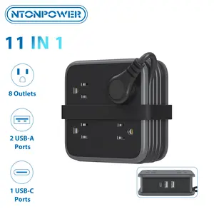 NTONPOWER Flat Plug Power Strip - 5 ft Extension Cord with Multiple Outlets, 8 Widely Outlets with 3 USB (1 USB C), 3 Side Outlet Extender, Overload Protection, Wall Mount for Home Office Dorm Room
