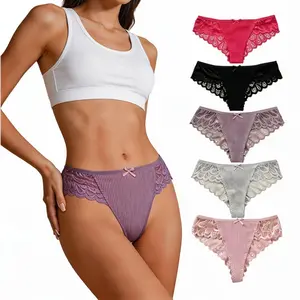 SNUG HAVEN Women's 5-Pack Low-Waist Seamless Flora Lace Panties, Soft Cotton See-Through T-Back Thongs, No-Show Stretch Panty for Bridal Lingerie