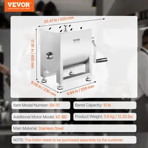 VEVOR Manual Meat Mixer, 10L Fixed Tank Meat Processing Equipment(Mixing Max 15LBS for Meat), Stainless Steel Meat Mixer, Sausage Mixer Machine with Lid Handle Gear Reducer, Ground Beef Hand Mixer