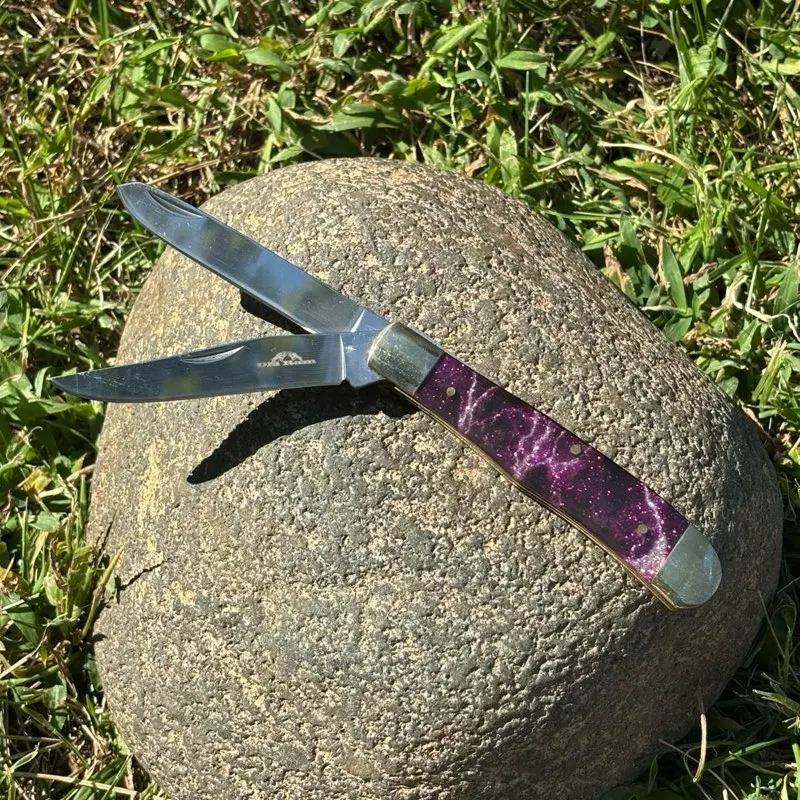 2 Blade Pocket Knife 4” Classic Folding Knife Trapper Stainless Steel Purple
