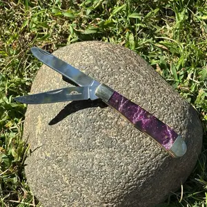 2 Blade Pocket Knife 4” Classic Folding Knife Trapper Stainless Steel Purple