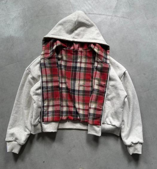 Retro yellow checkered double-sided reversible double-zipper hoodie for men and women, with a loose fit and a hooded design.