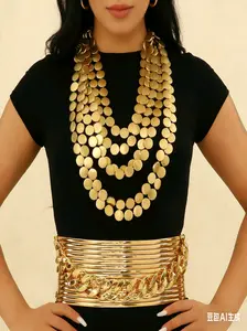 Elegant Wide Belt Set with Painted Six-Layer Wooden Beads Necklace, Boho Style Accessory for All Seasons, Elegant Beaded Necklace