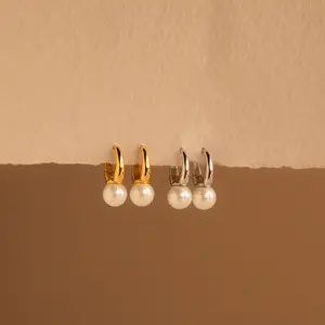 Pearl Drop Huggies by Caitlyn Minimalist - Dainty Round Pearl Hoop Earrings in Gold - Bridesmaid Jewelry - Gift for Her