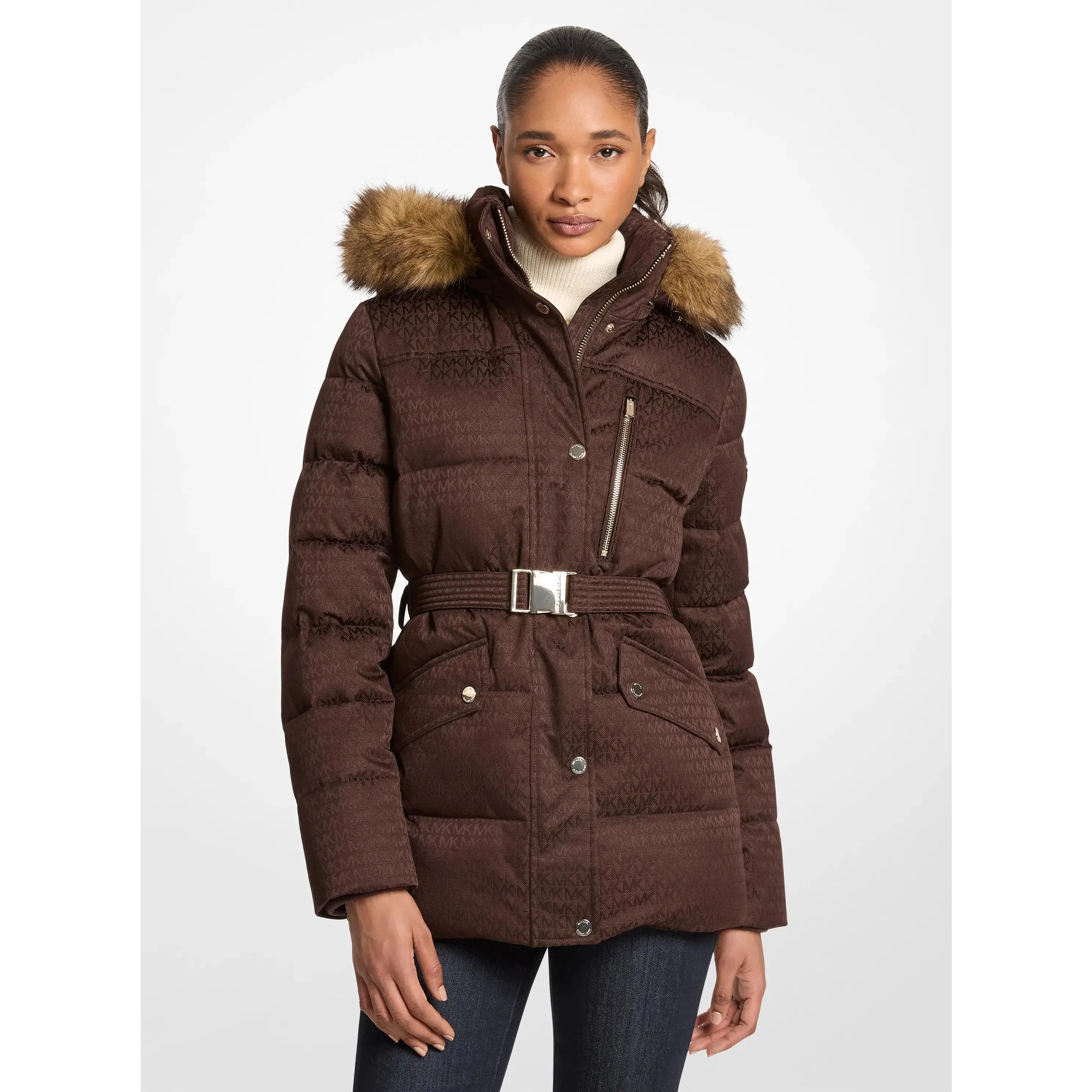 Faux Fur Trim Belted Puffer Jacket