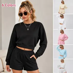 Women’s Casual Long Sleeve Sweatshirt and Shorts Set, Relaxed Two-Piece Lounge Outfit with Crew Neck Pullover and Drawstring Shorts for Spring, Summer and Fall