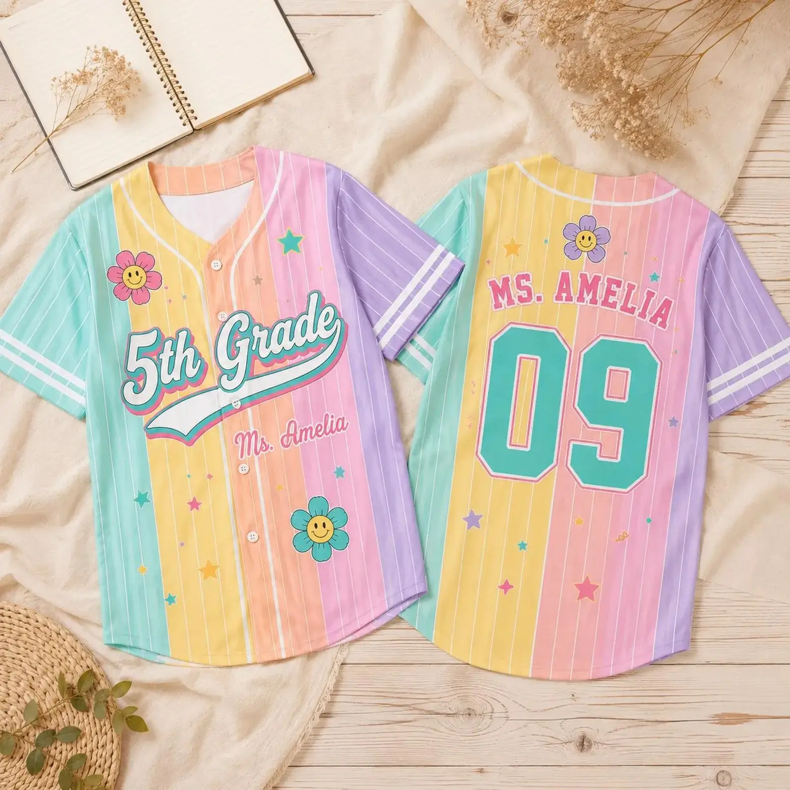 Personalized Grade Level Teacher Baseball Shirt, Custom Name & Number Pinstripe Shirt, Pastel Rainbow Teacher Shirt, Back to School Teacher